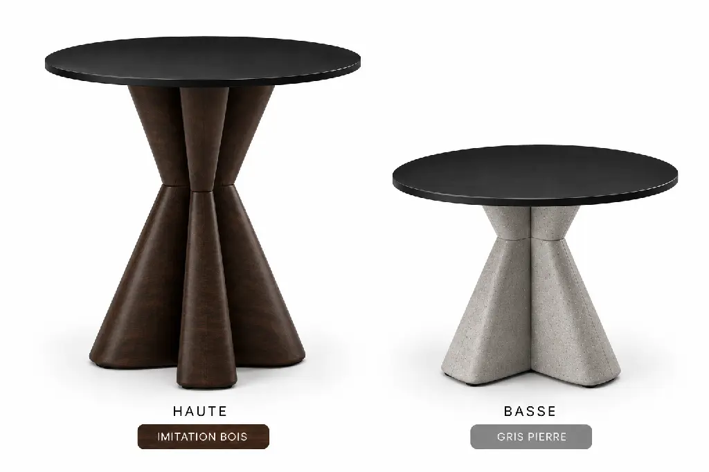 table haute imitation bois et table basse gris pierre.webp