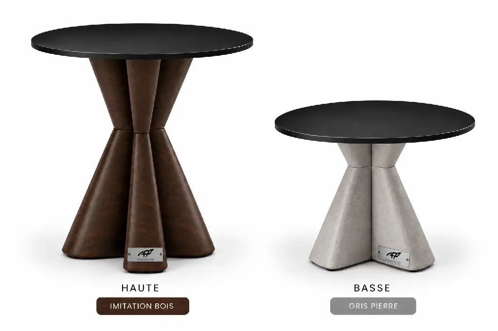table haute imitation bois et table basse gris pierre.webp